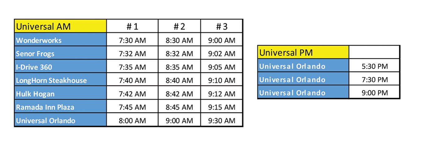 Universal Orlando Theme Park Express Timetable